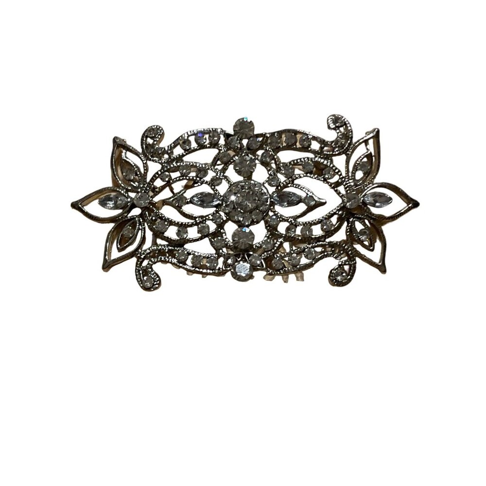 Vintage Silver & Rhinestone Floral Filigree Brooch